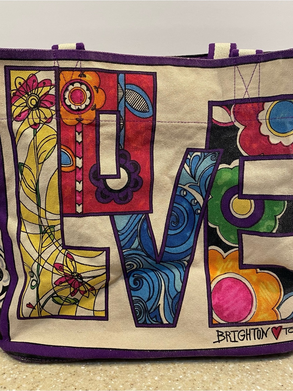 Brighton Multicolor Canvas Tote with Purple Trim and 'LOVE' Graphic